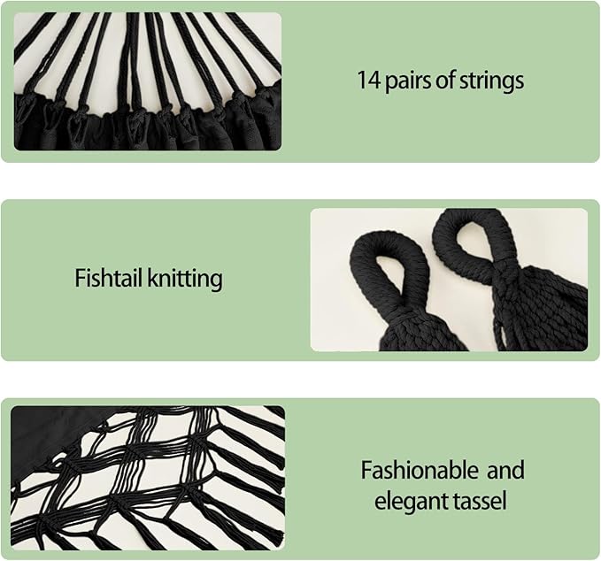 Goutime Double Hammock, Macrame Boho Cotton Hammock with Hanging Ropes, Portable for Camping Patio Backyard Indoor Outdoor,485LBS Capacity (Black)