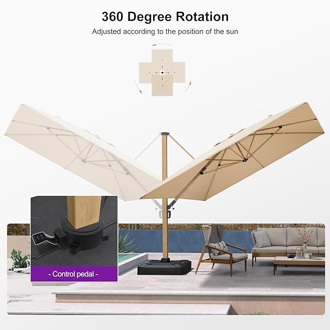 PURPLE LEAF 11FT Patio Umbrella Square Cantilever Umbrella Teak Finished Aluminum Frame Large Windproof Offset Outdoor Sun Umbrellas for Beach Pool Deck, Beige
