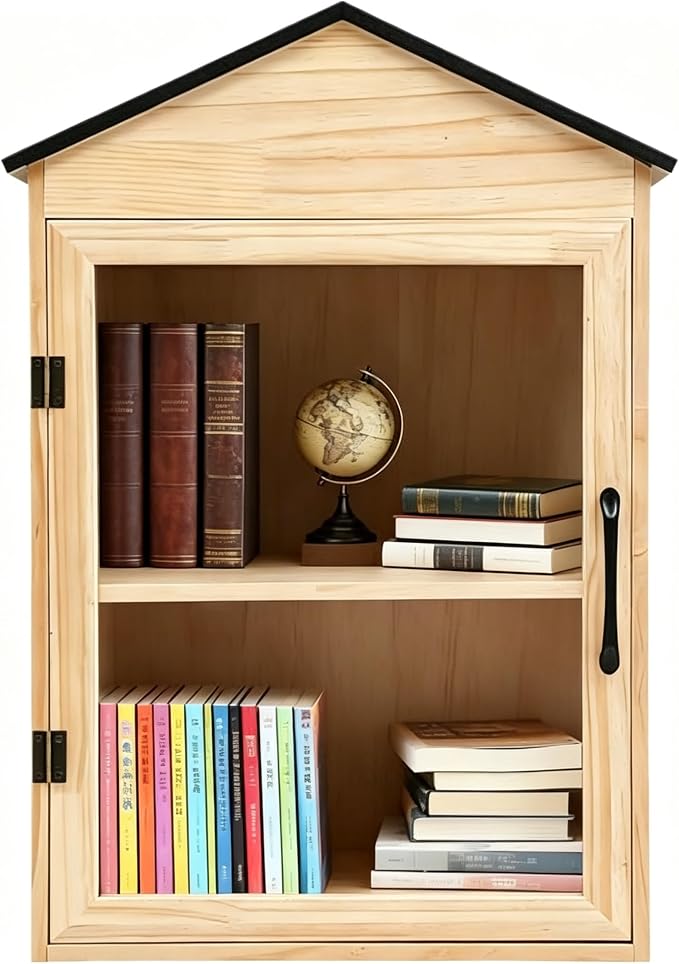 Little Outdoor Library Box, 2-Tier Waterproof Free Library Wooden Cabinet, 16x15x25 Inch Small Storage Box for DIY, Neighbourhoods, Communities and Kids to Share Books, Magazines, Artworks