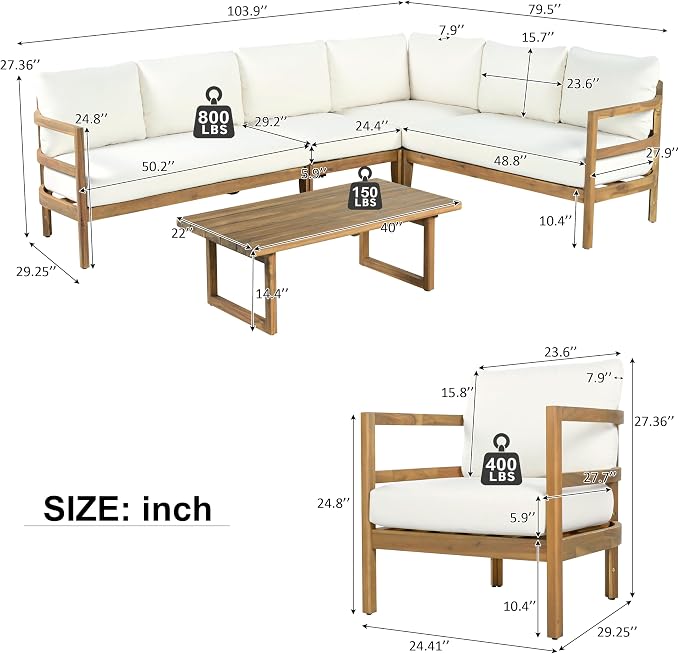 Outdoor Acacia Wood 6-Seater Sectional Sofa Set