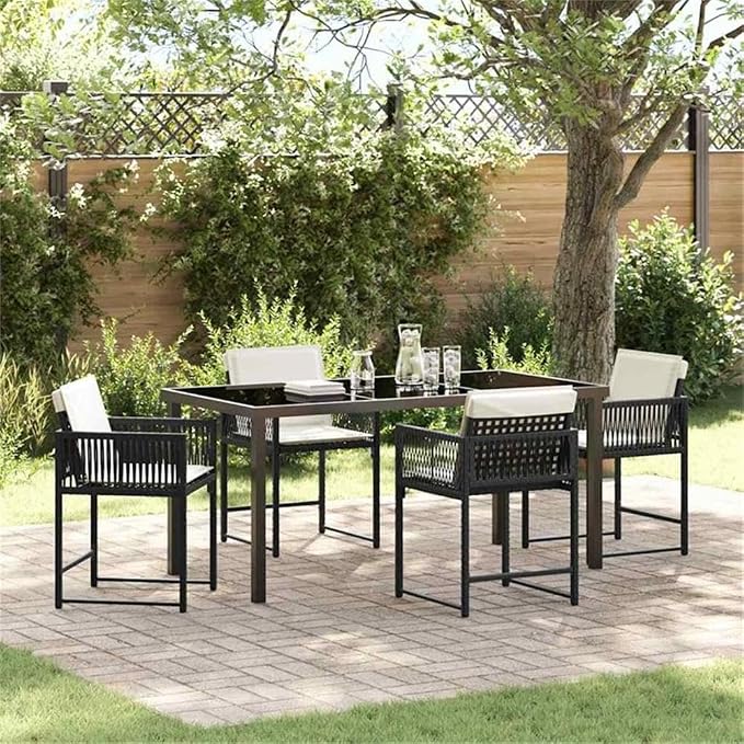 Afuera Living 5 Piece Poly Rattan Garden Dining Set, Black Finish, Weather-Resistant Patio Furniture with Steel Legs, Glass-Top Table and Chairs, Modern Outdoor Set for Gardens, Patios, or Terraces