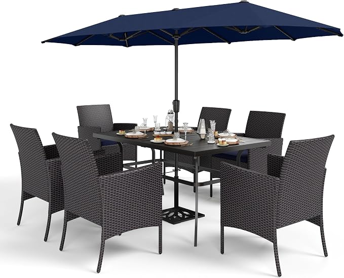 Sophia & William 7 Pieces Outdoor Patio Dining Set with 13ft Navy Patio Umbrella for Outside, Metal Patio Table and Rattan Chairs Set with Cushion and 1.6" Adjustable Umbrella Hole
