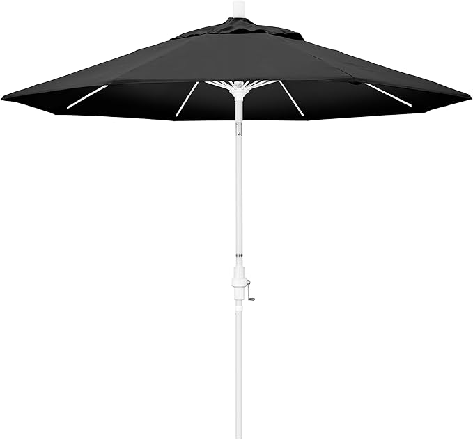 California Umbrella 9' Round Aluminum Pole Fiberglass Rib Patio Umbrella, Crank Lift, Collar Tilt, White Finish, Black Olefin