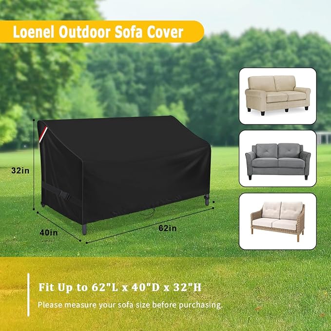 Outdoor Sofa Cover, 62 Inch Waterproof 3-Seater Bench Covers for Patio Loveseat, Couch, Glider, Heavy Duty Outside Furniture Couch Cover - 62" L x 40" W x 32" H