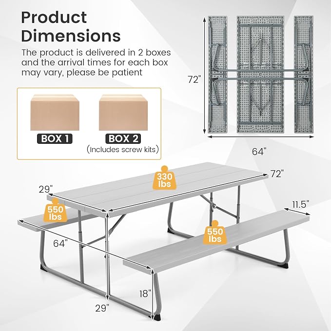Giantex 6 FT Folding Picnic Table Bench Set- Outdoor Dining Set for 8 Persons w/All-Weather HDPE Tabletop, Metal Leg, Large Outside Dining Table for Lawn Patio Garden Yard Poolside, Grey