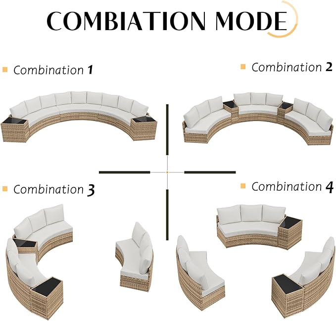 PaPaJet Patio Conversation Set, 3 Piece Half-Moon Sectional Round Patio Furniture Set, Wicker Sofa Set, for Backyard Patio Garden, Beige