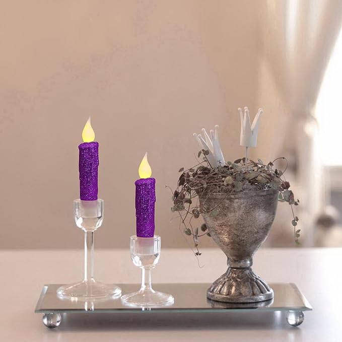 CVHOMEDECO. Glitter Flameless Candles Flickering Battery Operated LED Taper Candles with Timer for Home, Wedding, Halloween, Christmas Decor. Purple, 4-3/4 Inch, Set of 6