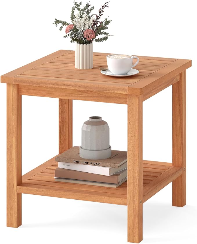 HAPPYGRILL Acacia Wood Outdoor Side Table, 2-Tier Indoor End Table with Spacious Tabletop and Slatted Storage Rack, Square Wood Table for Poolside, Living Room, Porch, Balcony and Garden (1)
