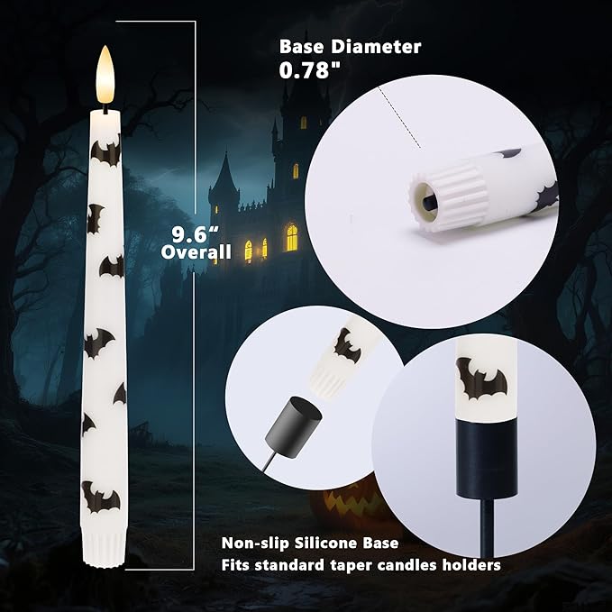 Halloween Taper Candles with Bats, 9.6”Real Wax Flameless Taper Candles with Remote & Timer, 3 Pack Battery Operated Halloween Led Candlesticks for Party Home Decor