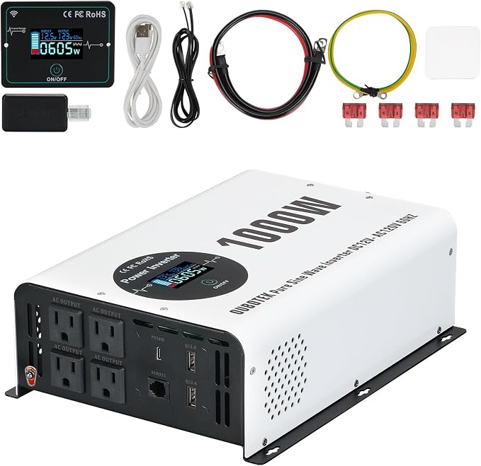 1000 Watts Power Inverter Peak Power 2000W Pure Sine Wave 12V DC to 120V AC RV Converter with Wireless Remote Control LCD Display 4 AC Outlets Dual USB Port Type C Off Grid Solar Inverter