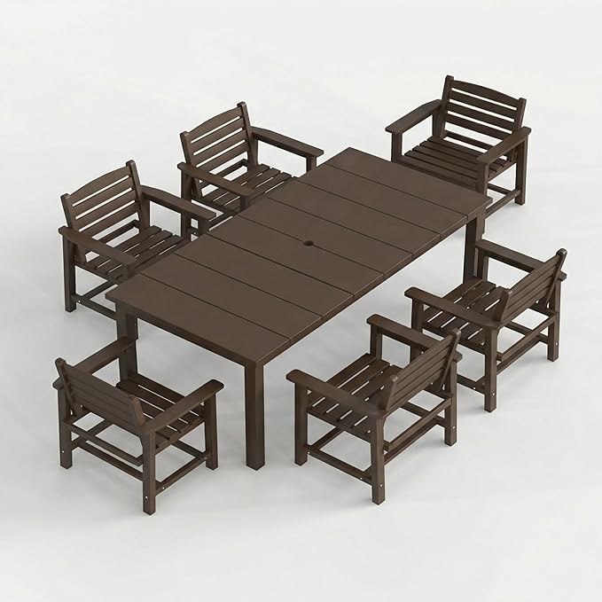 7-Piece Outdoor Dining Set for 6, 75.2" HDPE Patio Table with Umbrella Hole & 6 Chairs, Weather-Resistant Wood-Look Patio Furniture for Garden, Lawn, Deck, or Poolside (Brown)