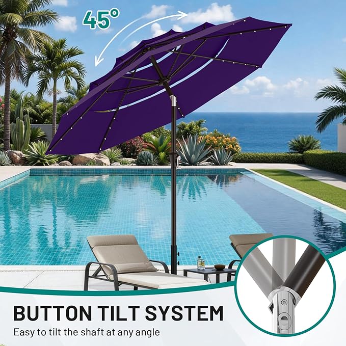 AreShark 9ft 3 Tiers Patio Umbrella with Solar Lights, Outdoor Umbrella w/ 32 LED Lights&8 Sturdy Ribs, Table Umbrella for Deck, Backyard, Pool (Dark Purple)