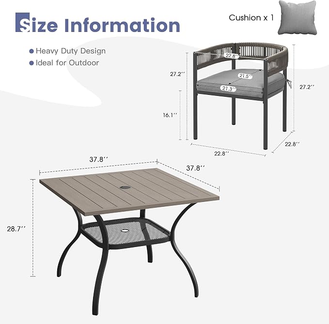 VICLLAX Patio Dining Set, 37.8" Grey Table & 4 Chairs with Grey Cushion | Outdoor Table and Chairs Set of Square Metal Patio Table, Outdoor Dining Chairs with Metal Frame, Garden Deck Porch
