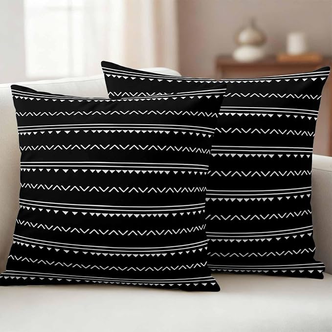 Black Boho Outdoor Waterproof Throw Pillow Covers Set of 2, 18"x18", Geometric Stripes Triangle Decorative Pillow Covers Outside Cushion Case for Patio Porch Garden
