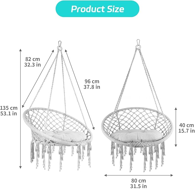 330 Lbs Capacity Loading Relaxing Handwoven Hammock Chair Swing, Cozy Macrame Hanging Seat with Soft Pillow, Perfect Reading Meditation Chair for Bedroom, Garden, Balcony, Grey