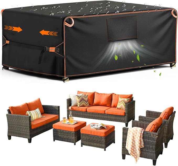 Patio Furniture Cover, Outdoor Furniture Covers Waterproof, Heavy Duty 600D Sectional Sofa Set Covers Table and Chair Set Cover with Reflective Strips 128" L×83" W×28" H