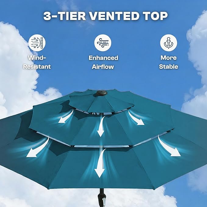 10ft 3-Tier Patio Umbrella with 32 Solar Powered LED Lights, Windproof Outdoor Market Umbrella for Deck, Poolside & Garden, Sturdy Push-Button Tilt Table Umbrella, Lake Blue