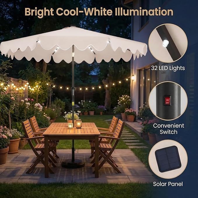 Happygrill 9FT Solar Patio Umbrella, Outdoor Market Table Umbrella with 32 LED Lights, Weighed Base, 2 Sandbags, Tilt & Crank, 8 Ribs, Fabric Canopy Sunshade, Vented Top for Garden Deck Pool Backyard (Beige)