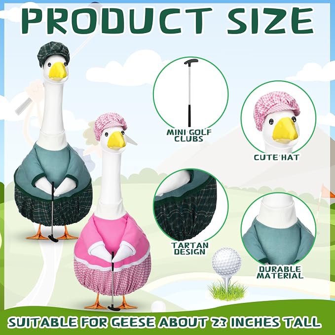 Abbylike 2 Set Golfer Porch Goose Outfit Teeing Off Golfer Goose Costume Clothes Fit 23" Lawn Geese Statue with Golf Clubs and Pins for Outdoor Yard Garden Patio Statue Art Decor