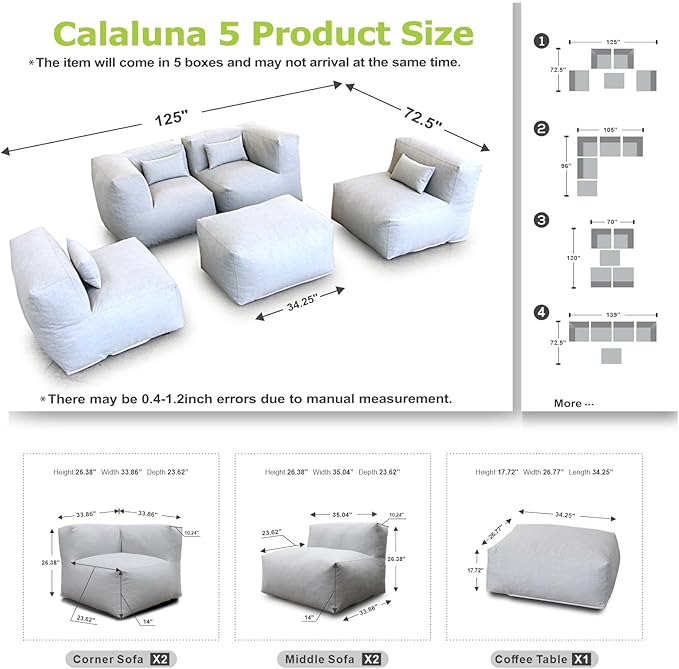 Patio Furniture Set Bean Bag Chairs Calaluna 5PC Outdoor Chairs Sectional Conversation Patio Set Daybed Furniture Outdoor Sofa Couch High Density Foam Filling Modern Comfy Patio Couch (Light Gray)
