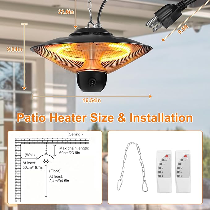 Outdoor Patio Heater, 1500W Electric Infrared Hanging Patio Heater for Outdoor Use, Ceiling Mounted IP23 Waterproof with 3 Heating Levels 30/60Mins Timer, for Porch Garage Balcony