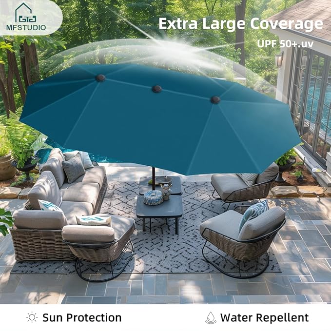 MFSTUDIO 13ft Outdoor Patio Umbrella, Double Sided Large Rectangular Umbrella Market Table Twin Triple Rectangle Umbrellas with Crank Handle for Outside Picnic Backyard Deck Pool (no base)