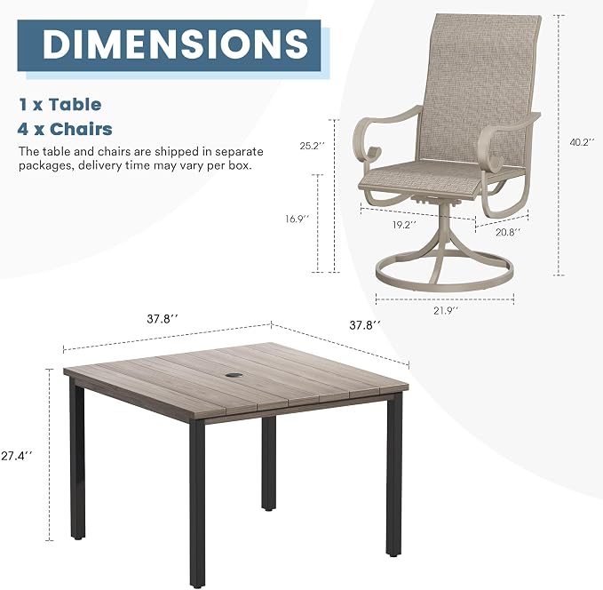 DIFY 5 Pieces Patio Dining Set, 40.2" Grey Wood-Like Square Dining Table with Umbrella Hole and 4 Sandshell Swivel Patio Chairs, All Weather Metal Outdoor Dining Furniture Set for Lawn Garden Balcony