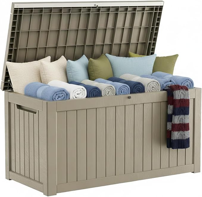 MAKINO 275 Gallon Resin Outdoor Storage Box, Waterproof Deck Box with Lockable Lid, Outside Storage Box for Patio Furniture, Pool Accessories, Garden Tools, Storage Bench for Backyard, Gray Brown