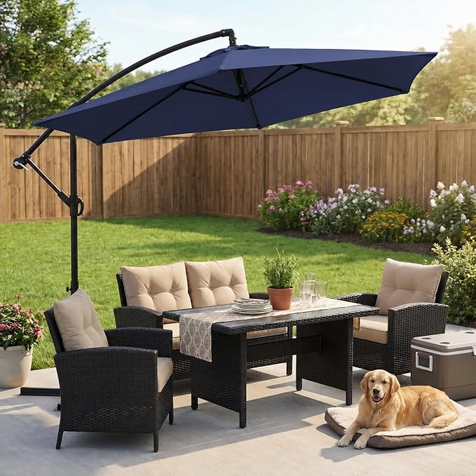 JAMFLY Large 9FT Offset Patio Umbrella with Cantilever Crank & Infinite Tilt, Heavy Duty Outdoor Hanging Umbrella with Cross Base for Backyard, Deck, Poolside