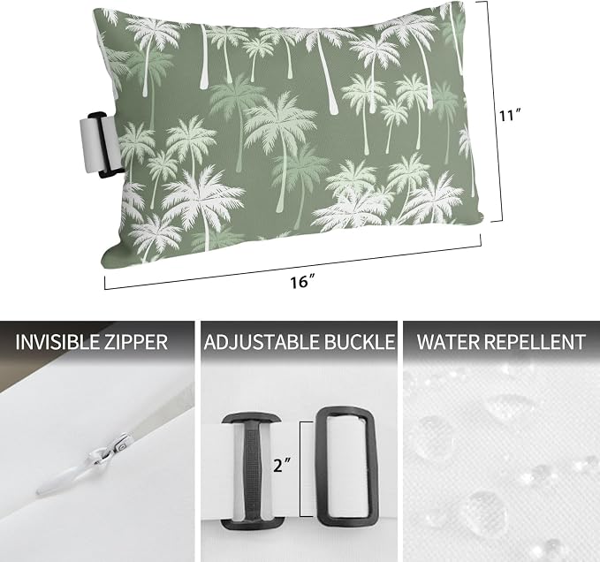 Tropical Palm Tree Outdoor Pillows for Chaise Lounge Chair Beach Headrest Pillow Set of 2 Waterproof Lumbar Pillows with Insert&Strap Olive Green Plants Coastal Leaf Beach Pool Pillow 11"x16"