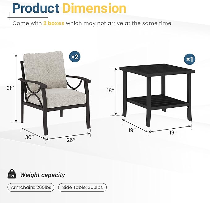 RoyalCraft Outdoor Patio Furniture Set, 3 Piece Patio Conversation Set, Metal Furniture Set for Porch Backyard,Khakiwith Gray Cushions, Brown