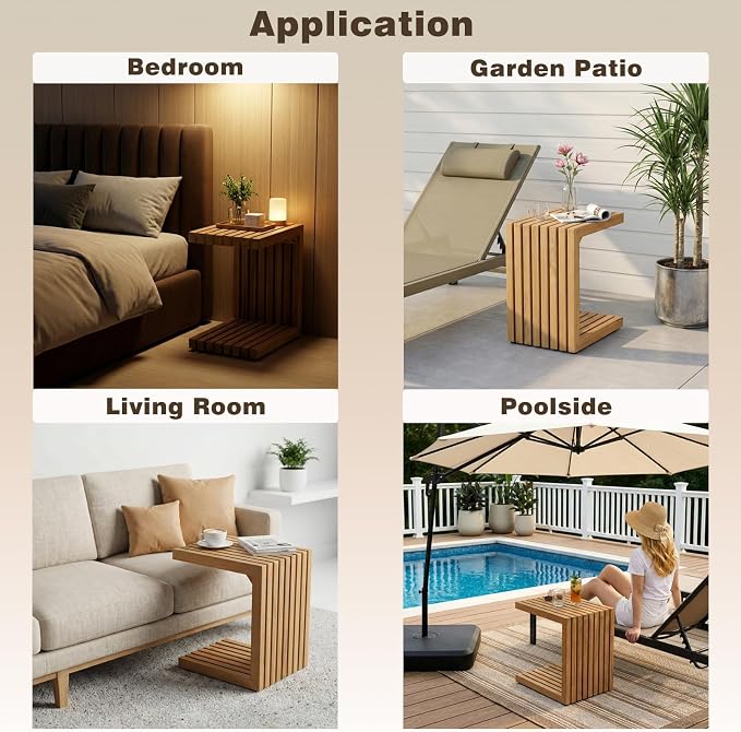 OTSUN Teak Solid Wood C-Shape Sofa Side Table, Pure Simple Form Outdoor Side Table for Patio Sofa Armrest, No Assembly Minimalist Wooden End Table for Porch & Garden