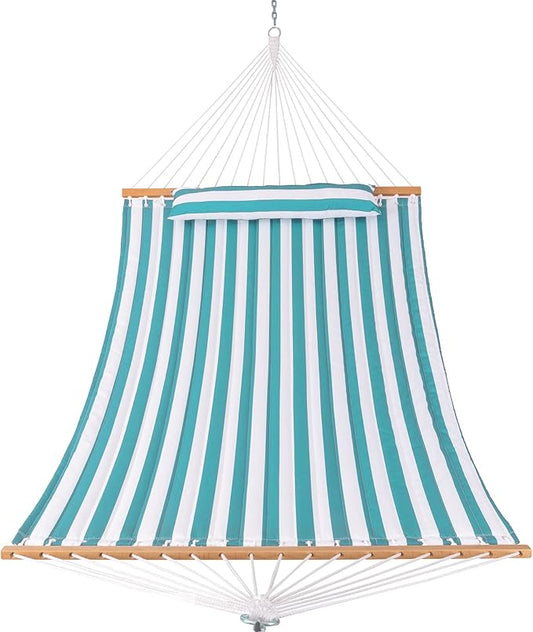 HARBOURSIDE 12FT Quilted Hammock with Spreader Bar, 2 Person Double Hammock with Pillow and Chains, Indoor/Outdoor, Bedroom/Patio, 450 lbs Capacity, Cyan Stripe