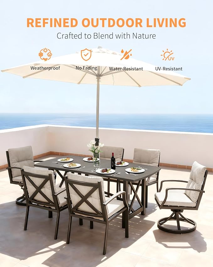 7 Pieces Outdoor Dining Set for 6, Never Rusts Aluminum Patio Dining Set with 2 Swivel Rocker Chairs, Patio Table and Chairs Set, Outdoor Furniture Set for Deck, Garden, Lawn, Gunmetal