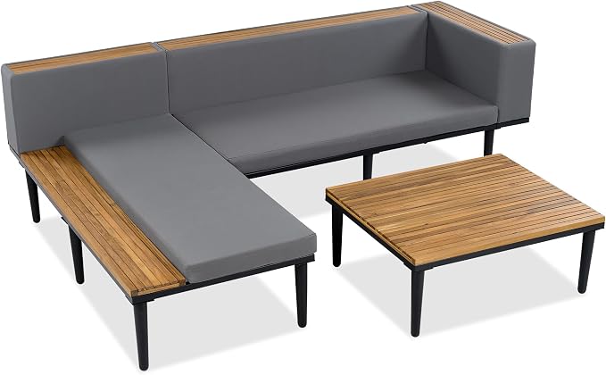 JIVOIT Acacia Wood Patio Furniture Set, Luxury Outdoor Conversation Sectional Sofa with Removable Cushions and Coffee Table, Side Table, L-Shaped Sofa Set for Backyard, Porch (Gray/17)
