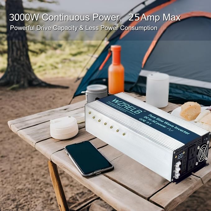 WZRELB 3000W Pure Sine Wave Inverter, Car Power Inverter 60V DC to 110V 120V AC Converter for RV, Truck, Solar, Outdoor with Dual AC Outlets, Hardwire Port, Surge 6000W, LED Display,Off-Grid