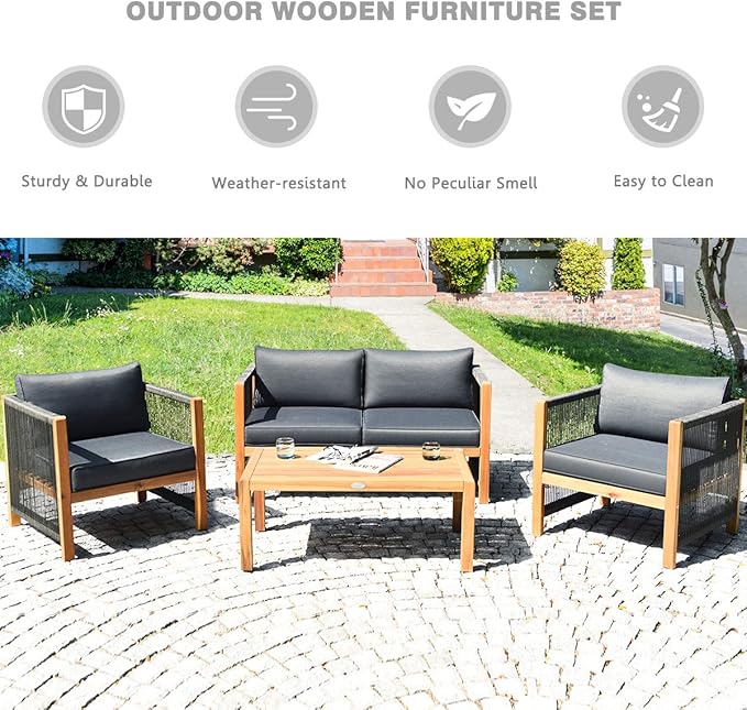 Tangkula Outdoor Wood Furniture Set, Acacia Frame Loveseat Sofa, 2 Single Chairs and Coffee Table, 4 Pieces Conversation Set with Cushions, Garden Balcony Poolside Living (1, Grey)