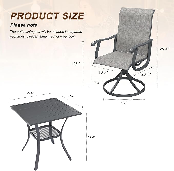 VICLLAX Patio 3 Pieces Outdoor Bistro Table Set, 28" Square Metal Table and 2 Swivel Textilene Chairs, Patio Dining Set for Patio, Lawn, Garden, Porch, Dark Grey/Grey