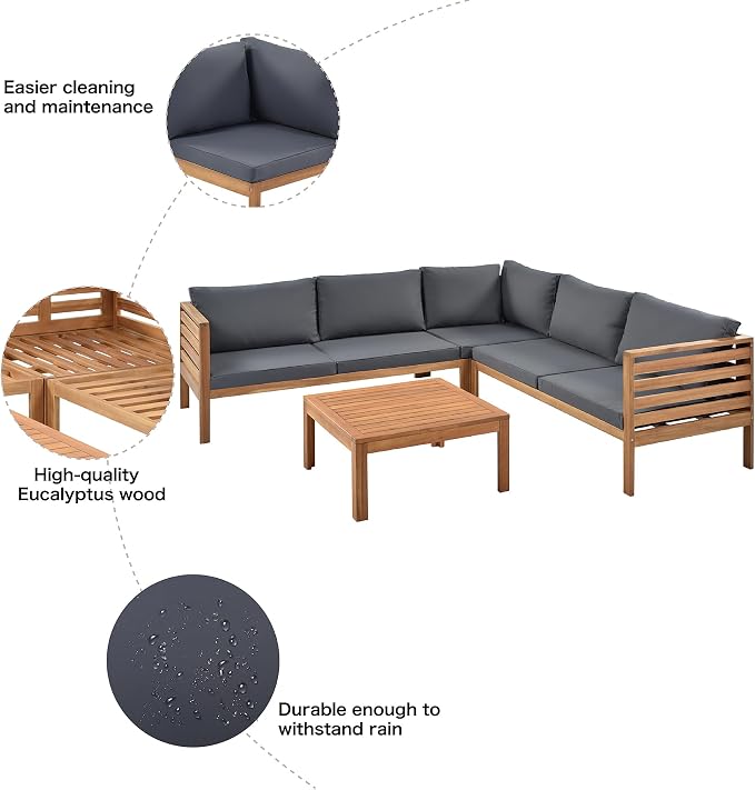 L-Shaped Wood Structure Outdoor Couch & Coffee Table,Sturdy Outdoor Conversation Sectional Sofa with Cushions,Elegant Outdoor Chaise Lounge,Patio Furniture Set For Garden,Poolside,Balcony,Gray