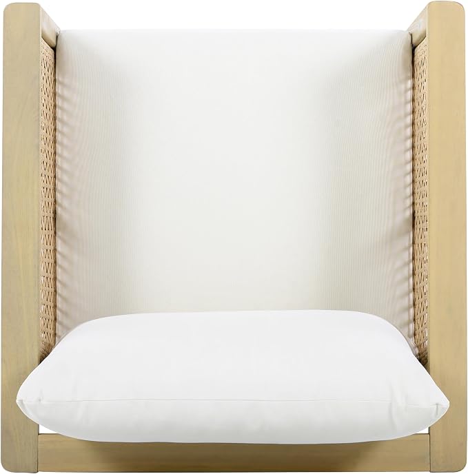 Merax Outdoor Acacia Wood Single Chair PE Wicker Club Chair Dining Chair with Waterproof Detachable Cushion, Light Teak Finish & Cream Cushion