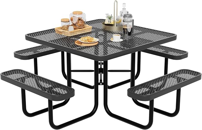 All-Weather Square Outdoor Picnic Table, Commercial Picnic Table Bench Set with Umbrella Hole, Thermoplastic Coated Metal Dining Tables for School, Stores, Park, Patio, Yard, Black