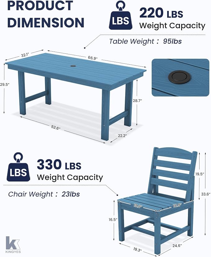 KINGYES 7-Piece Patio Dining Set, HDPE Table and Armless Chairs Outdoor Furniture Set with Umbrella Hole, Blue