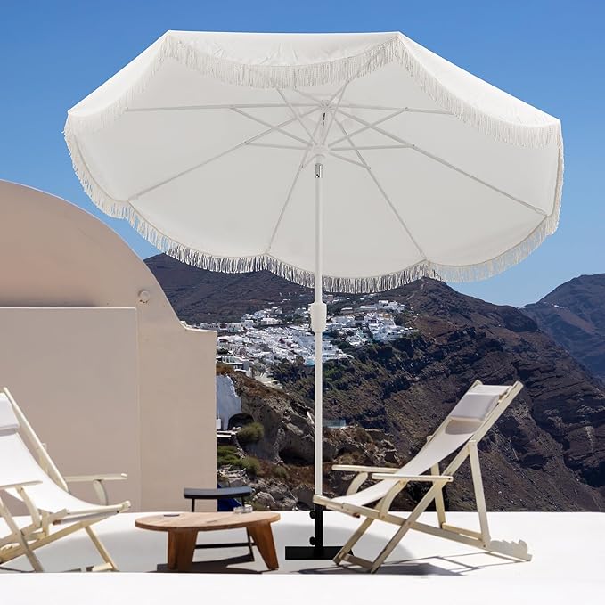 Tempera 9ft Auto Tilt Scalloped Patio Umbrellas with Fringe, Outdoor Table Umbrellas with Fade Resistant Canopy, 8 Sturdy Rids, Luxurious Vintage Umbrellas for Lawn, Pool, Deck, Balcony