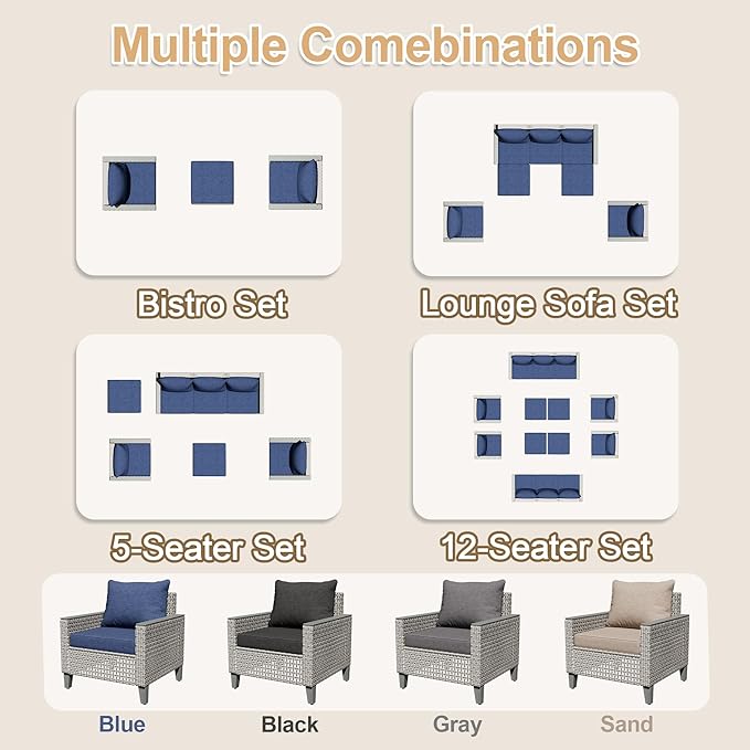 8 Pieces Patio Furniture Set with Fire Pit Table and Ottomans, Modern Outdoor Sectional Sofa with Comfy Cushions, Modular Wicker Rattan Patio Conversation Set, Navy