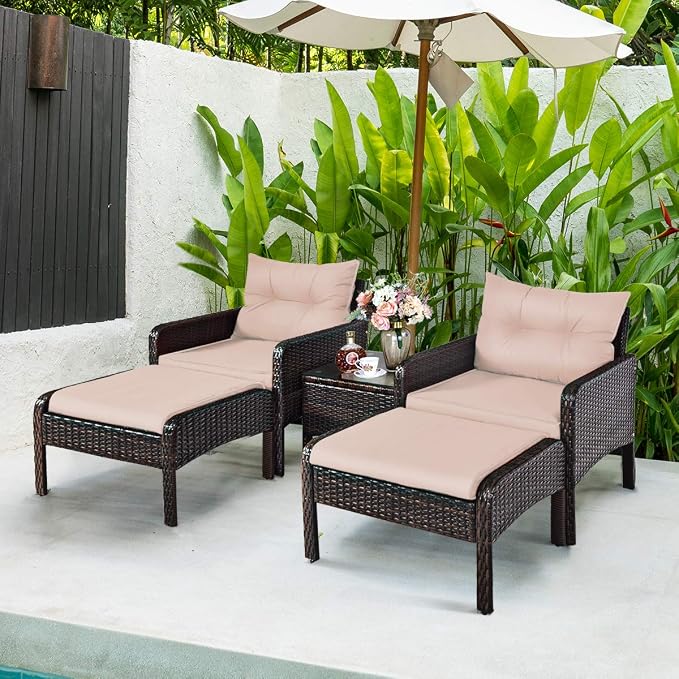 COSTWAY 5 PCS Patio Rattan Furniture Set, Outdoor Cushioned Sofa with Ottomans and Coffee Table, Wicker Conversation Set for Backyard Porch Lawn Poolsid, Beige