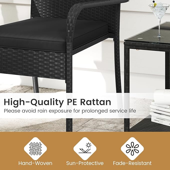 Tangkula 3 Pieces Patio Furniture Set, PE Rattan Outdoor Cushioned Conversation Chairs with 2-Tier Tempered Glass Tabletop Table, for Balcony, Garden and Poolside (Black)