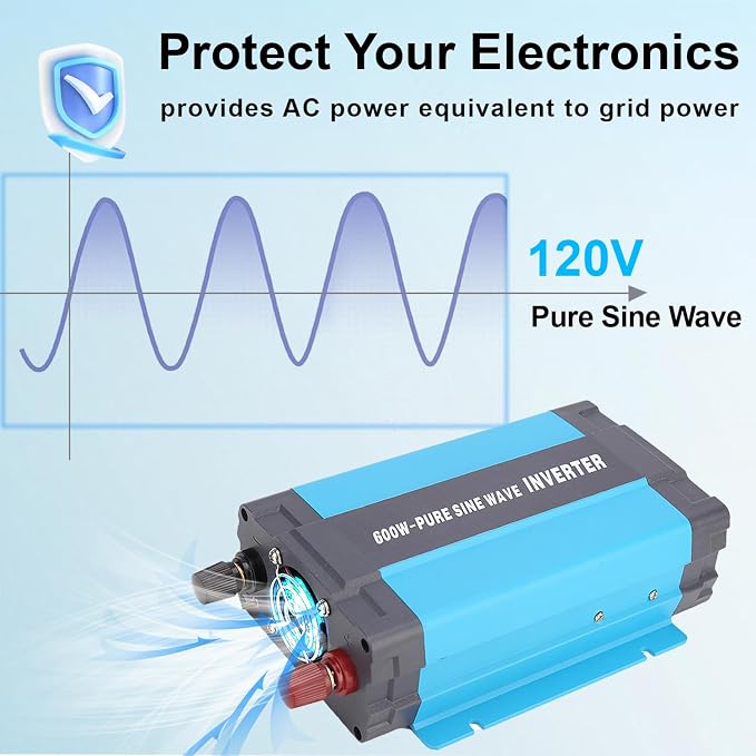 24V Pure Sine Wave Power Inverter 600W DC 24V to AC 120V with AC Outlets, 5V/1A USB Port for RV Car Emergency etc.