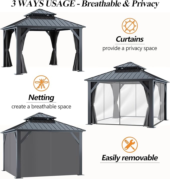 GARTOO 12'x12' Outdoor Hardtop Gazebo with Double Roof - Heavy-Duty Galvanized Steel Top Aluminum Frame Gazebowith Solar LED Light, Breathable Netting & Privacy Curtain for Patio, Garden, Backyard