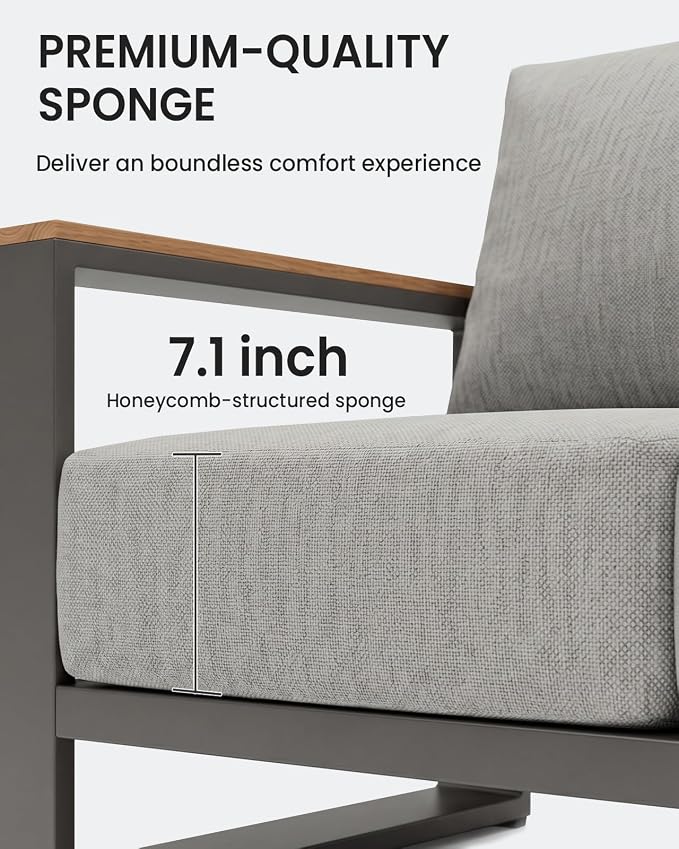 Oversized Aluminum Patio Furniture Set, 5 Pieces Luxury Outdoor Furniture Set with 7.1" Extra Thick Cushion, Modern Outdoor Sectional with Coffee Table for Porch, Garden and Deck, Gray