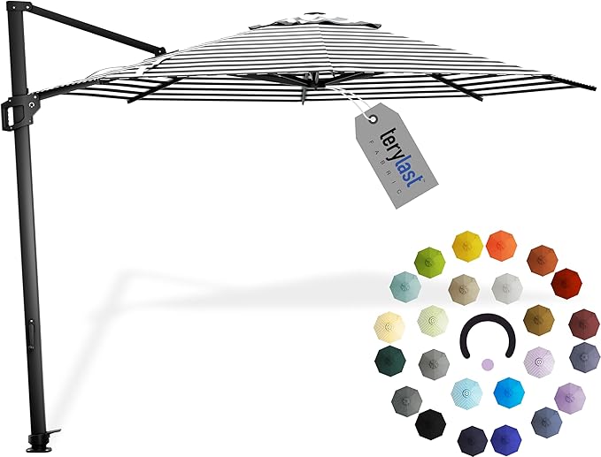 Midtown Umbrellas 10 Ft Outdoor Cantilever Patio Umbrella w/Terylast Matter Stripes Fabric - Tilt 360° Offset Patio Umbrella, Deck Patio Umbrella, Backyard Umbrella & Garden Umbrella - Black Frame